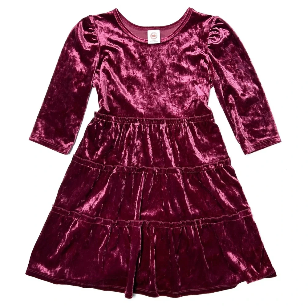 Wonder Nation Girl’s Small Crushed Velvet Holiday Dress Long Sleeve Pink Red 6